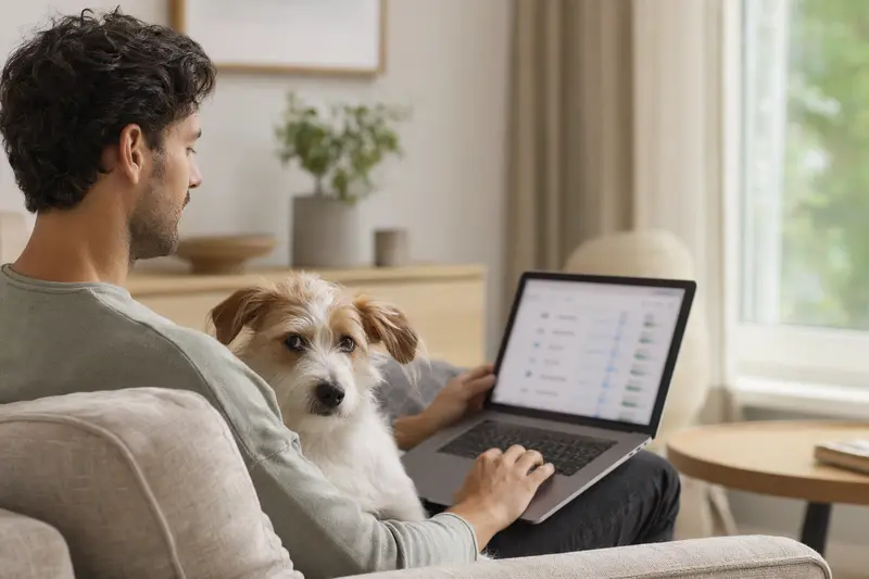 Ein Hundebesitzer sitzt mit einem Laptop auf dem Sofa und vergleicht Tierversicherungen, während sein Kromfohrländer neben ihm liegt.