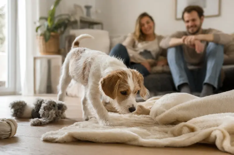 Ein neugieriger Kromfohrländer Welpe erkundet sein neues Zuhause, umgeben von einer liebevollen Familie in einer hellen Wohnung.
