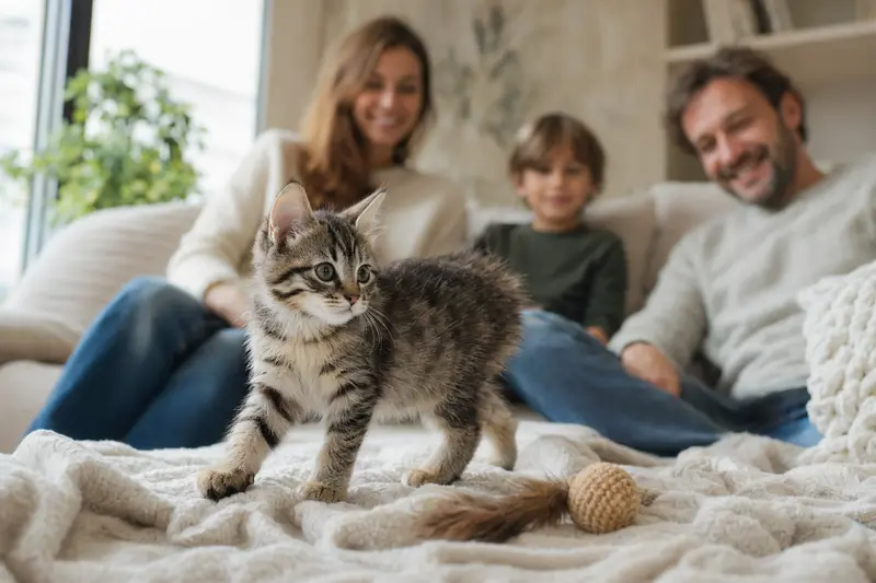 Ein neugieriges Kurilen-Bobtail Katzen Kitten erkundet sein neues Zuhause auf einer weichen Decke.
