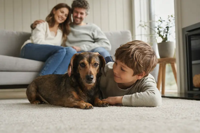 Ein freundlicher Kurzhaardackel liegt entspannt neben einem Kind im Wohnzimmer, während die Eltern im Hintergrund eine sichere Familienatmosphäre schaffen.