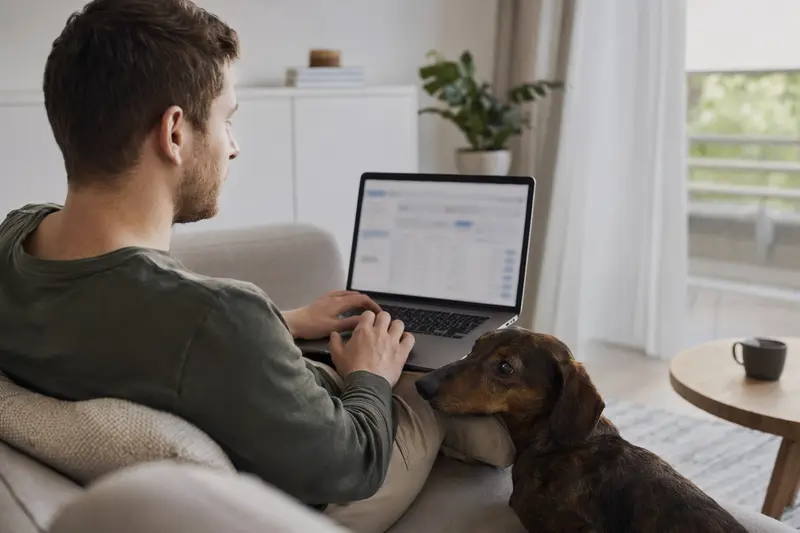 Ein Hundebesitzer arbeitet mit einem Laptop auf dem Sofa, während ein Kurzhaardackel daneben liegt. Der Bildschirm zeigt eine neutrale Versicherungsvergleichs-Oberfläche.