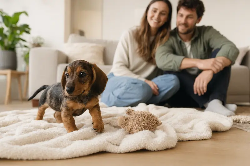 Ein neugieriger Kurzhaardackel Welpe erkundet sein gemütliches neues Zuhause mit einer liebevollen Familie im Hintergrund.