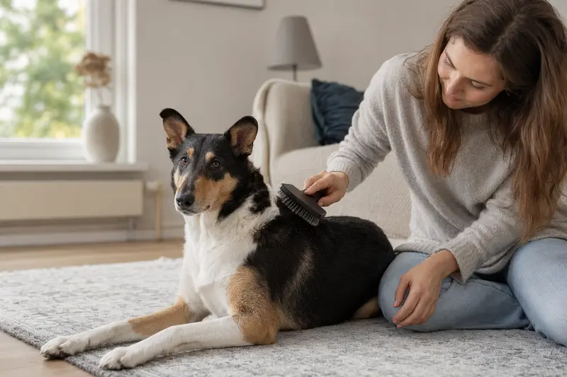 Ein Kurzhaarcollie wird zuhause von seinem Besitzer sanft gebürstet und gepflegt.
