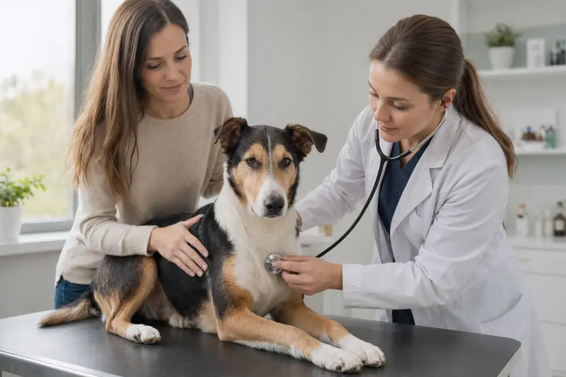 Ein ruhiger Kurzhaarcollie auf einem Untersuchungstisch während der tierärztlichen Untersuchung