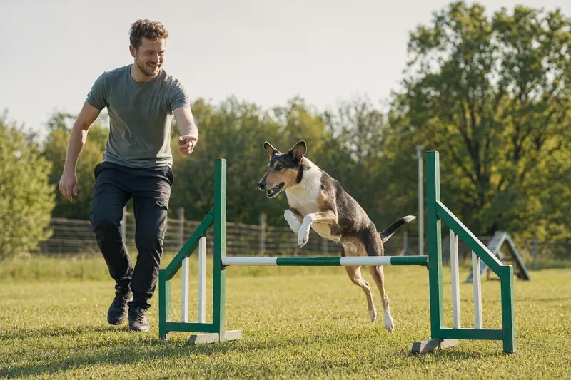 Ein aktiver Kurzhaarcollie springt mit seinem Besitzer über eine kleine Trainingshürde auf dem Hundeplatz bei sonnigem Wetter.