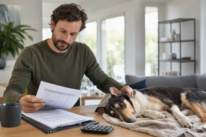 Ein Hundebesitzer sitzt mit Tierarztrechnung am Tisch, während ein entspannter Kurzhaarcollie auf einer Decke liegt – ein ruhiges Motiv zum Thema Tierarztkosten und Hundeversicherung.