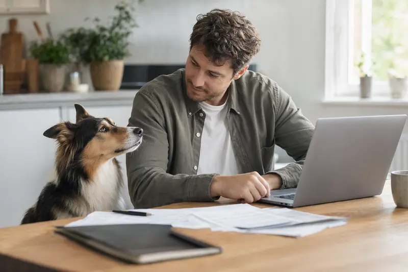 Ein Kurzhaarcollie sitzt ruhig neben seinem Besitzer am Küchentisch, während Versicherungsunterlagen und ein Laptop auf dem Tisch liegen.