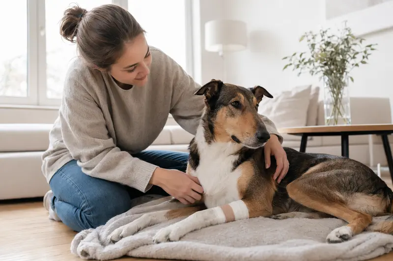 Ein Kurzhaarcollie entspannt mit leichtem Verband an der Pfote, während sein Besitzer erleichtert neben ihm sitzt.
