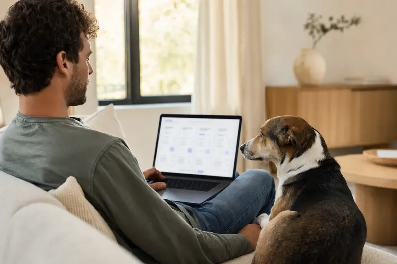 Ein Hundebesitzer sitzt mit seinem Kurzhaarcollie auf dem Sofa und vergleicht beruhigt Tierversicherungen auf dem Laptop.
