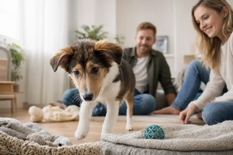 Ein neugieriger Kurzhaarcollie Welpe erkundet seine neue Umgebung in einer freundlichen Wohnung.
