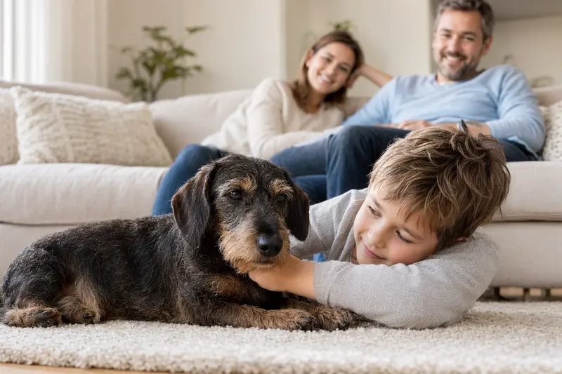 Ein freundlicher Kurzhaardackel liegt entspannt neben einem Kind im Wohnzimmer, während die Eltern im Hintergrund eine sichere Familienatmosphäre schaffen.