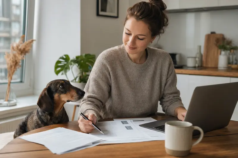 Ein Kurzhaardackel sitzt ruhig neben seinem Besitzer am Küchentisch, während Versicherungsunterlagen und ein Laptop mit einer Vergleichsseite für die Hundeversicherung sichtbar sind.