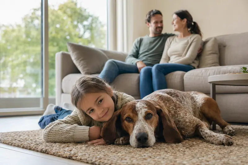 Ein freundlicher kurzhaariger Istrianer Bracke Hund liegt entspannt neben einem Kind im Wohnzimmer, während die Eltern im Hintergrund eine warme und sichere Familienatmosphäre schaffen.