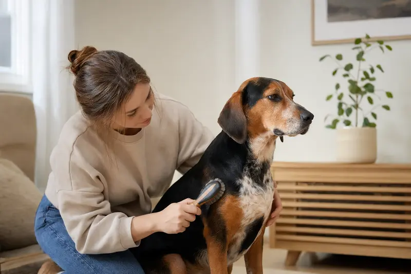 Ein Besitzer bürstet einen Kurzhaarigen Istrianer Bracke Hund zuhause sanft und liebevoll, während die Fellpflege in der hellen Wohnung ruhig und fürsorglich wirkt.