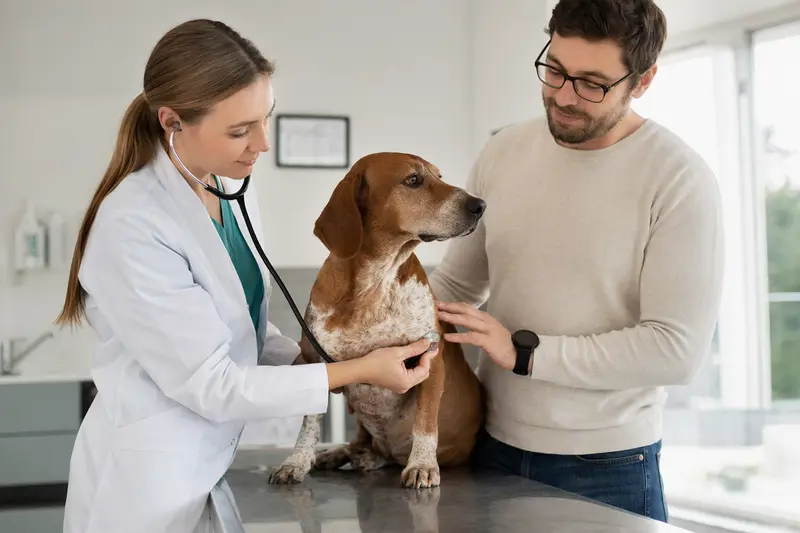 Ein ruhiger Kurzhaarige Istrianer Bracke Hund wird von einer freundlichen Tierärztin mit einem Stethoskop in einer modernen Tierarztpraxis untersucht.