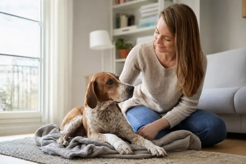 Ein Kurzhaarige Istrianer Bracke Hund mit leichtem Verband an der Pfote liegt entspannt auf einer Decke neben seinem erleichterten Besitzer.