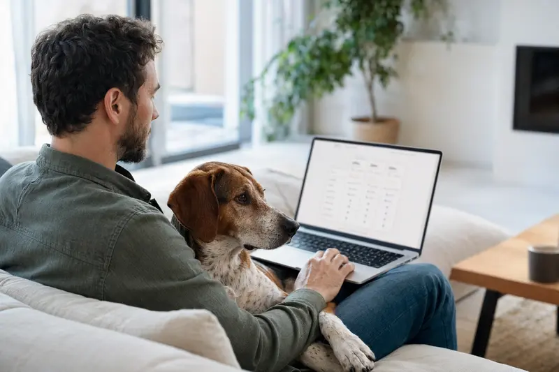 Ein Hundehalter sitzt mit einem Laptop auf dem Sofa, während ein Kurzhaariger Istrianer Bracke neben ihm entspannt liegt.