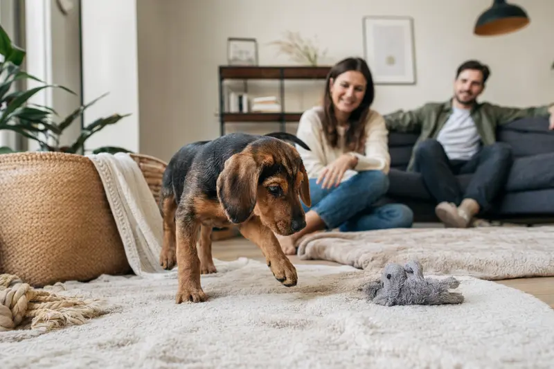 Ein neugieriger Istrianer Bracke Welpe entdeckt sein neues Zuhause mit Spielzeug und einer liebevollen Familie im Hintergrund.