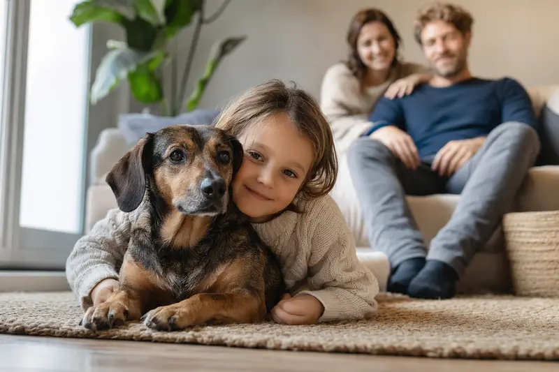 Ein freundlicher Kurzhaarteckel liegt entspannt neben einem Kind im Wohnzimmer, während die Eltern im Hintergrund eine sichere Familienatmosphäre schaffen.