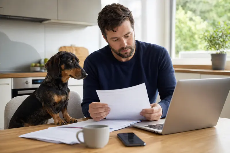 Ein Kurzhaarteckel Hund sitzt entspannt neben seinem Besitzer am Küchentisch, während Versicherungsunterlagen und ein Laptop mit Vergleichsseite darauf liegen.