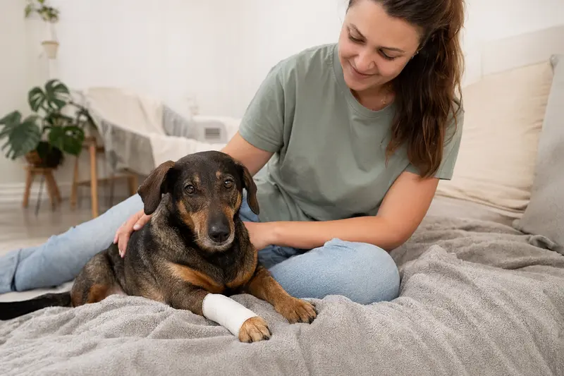 Ein Kurzhaarteckel mit leichtem Verband liegt auf einer Decke, während sein Besitzer beruhigt neben ihm sitzt.