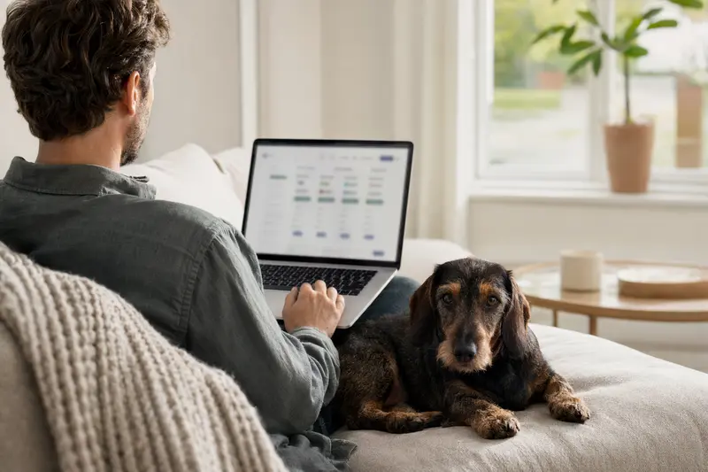 Ein Hundebesitzer arbeitet am Laptop auf dem Sofa, während sein Kurzhaarteckel entspannt neben ihm sitzt.