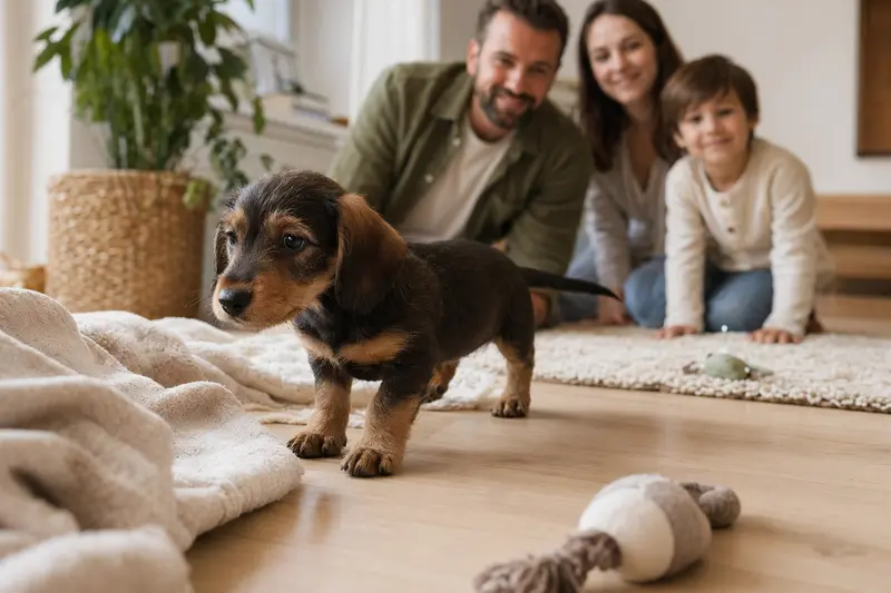 Ein neugieriger Kurzhaarteckel Welpe erkundet seine neue Wohnung und wird von seiner liebevollen Familie beobachtet.