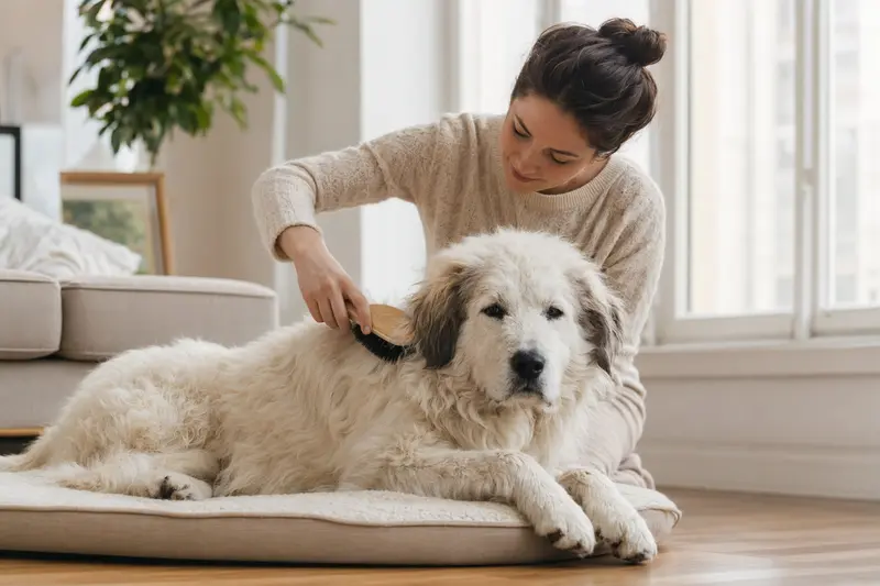 Ein Kuvasz Hund wird in einer hellen Wohnung sanft gebürstet, während sich sein Besitzer liebevoll um die Fellpflege kümmert.