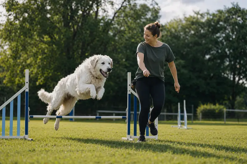 Ein Kuvasz trainiert mit seinem Besitzer an einer kleinen Hürde auf dem Hundeplatz und wirkt dabei aufmerksam, sportlich und zufrieden.
