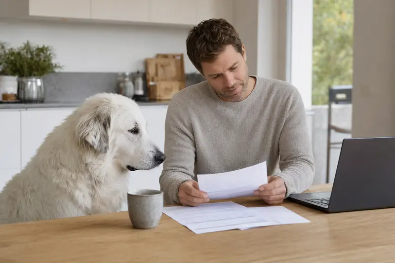 Ein Kuvasz Hund sitzt neben seinem Besitzer am Küchentisch, während Versicherungsunterlagen und ein Laptop vorhanden sind.