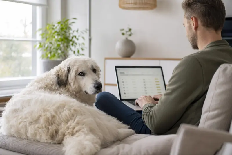 Ein Hundebesitzer sitzt mit einem Laptop auf dem Sofa neben einem Kuvasz, während er über Versicherungsoptionen nachdenkt.