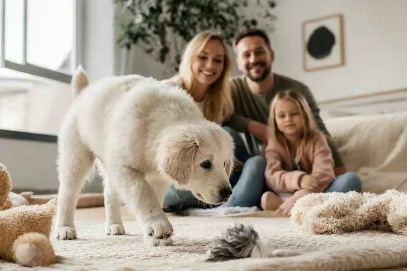 Ein neugieriger Kuvasz Welpe erkundet sein liebevolles Zuhause mit Spielzeug und einer sanften Decke.