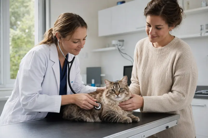 Eine ruhige Kyi-Leo Katze wird von einer freundlichen Tierärztin mit einem Stethoskop in einer modernen Tierarztpraxis untersucht.