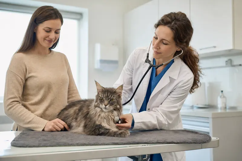 Eine ruhige Kymrische Katze wird behutsam von einer freundlichen Tierärztin mit einem Stethoskop in einer modernen Tierarztpraxis untersucht.