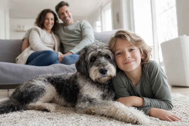 Ein freundlicher Labradoodle liegt entspannt neben einem Kind im hellen Wohnzimmer, während Eltern im Hintergrund eine sichere Familienatmosphäre schaffen.