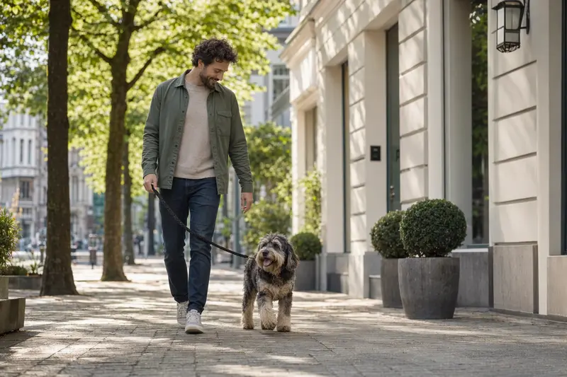 Ein Labradoodle läuft angeleint mit seinem Besitzer durch eine moderne Stadtstraße.