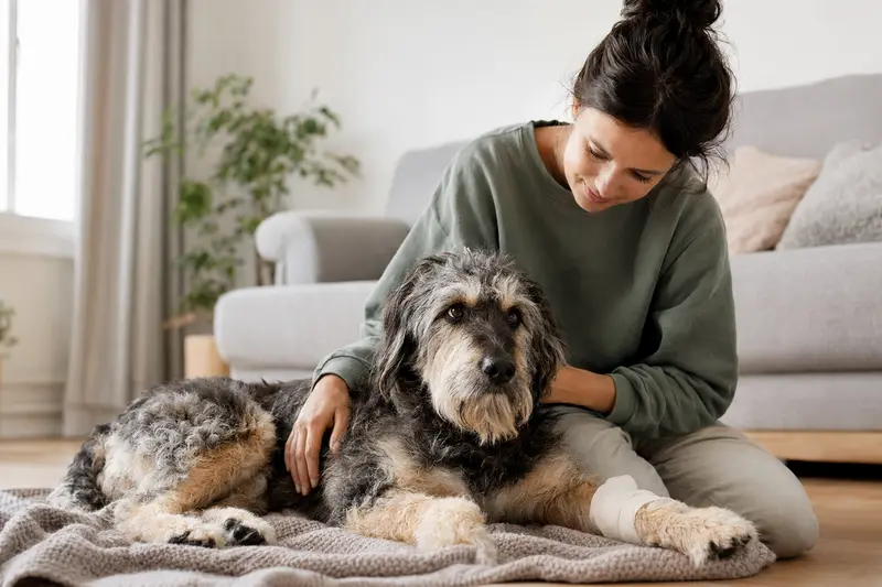 Ein Labradoodle mit leichtem Pfotenverband liegt entspannt auf einer Decke, während sein erleichterter Besitzer neben ihm sitzt.
