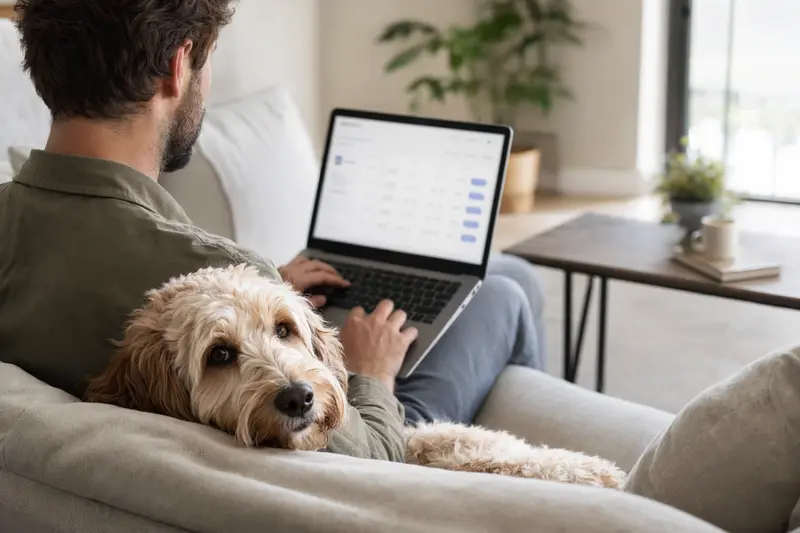 Ein Hundebesitzer arbeitet am Laptop auf der Couch, während ein Labradoodle neben ihm sitzt.