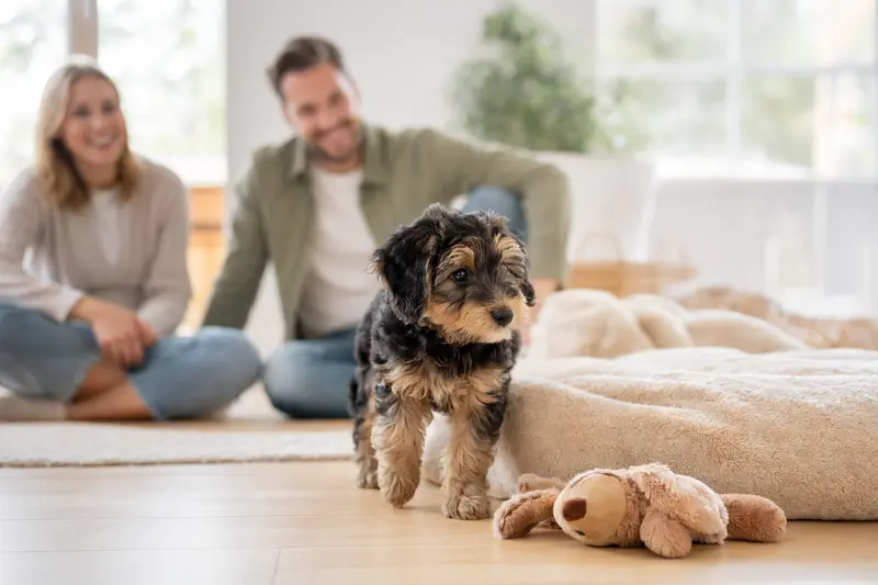 Ein neugieriger Labradoodle Welpe erkundet seine neue Umgebung mit einer liebevollen Familie im Hintergrund.