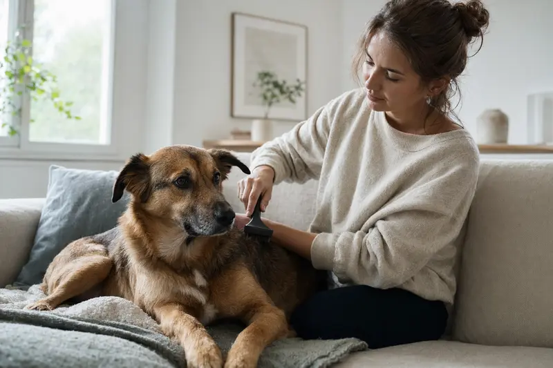 Ein Labrador Retriever wird in einer hellen Wohnung sanft gebürstet, während sich der Besitzer liebevoll um die Fellpflege kümmert.