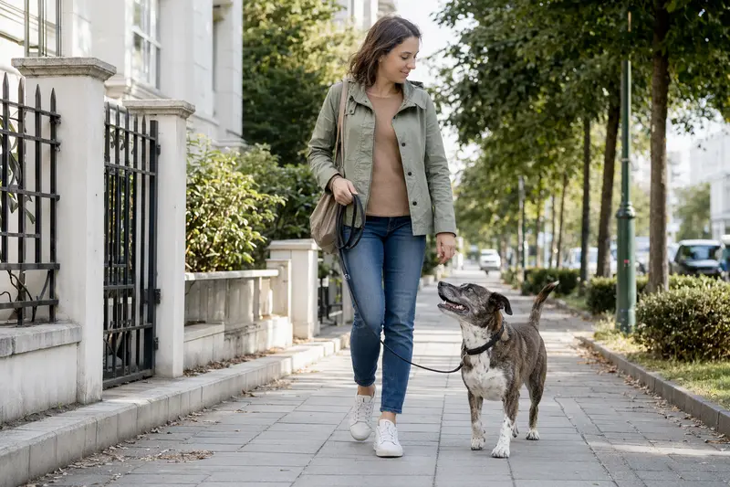 Ein Labrador Retriever läuft an der Leine mit seinem Besitzer durch eine moderne Stadtstraße.