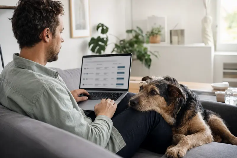 Ein Labrador Retriever sitzt entspannt neben einem Laptopbesitzer auf dem Sofa in einer hellen Wohnung.