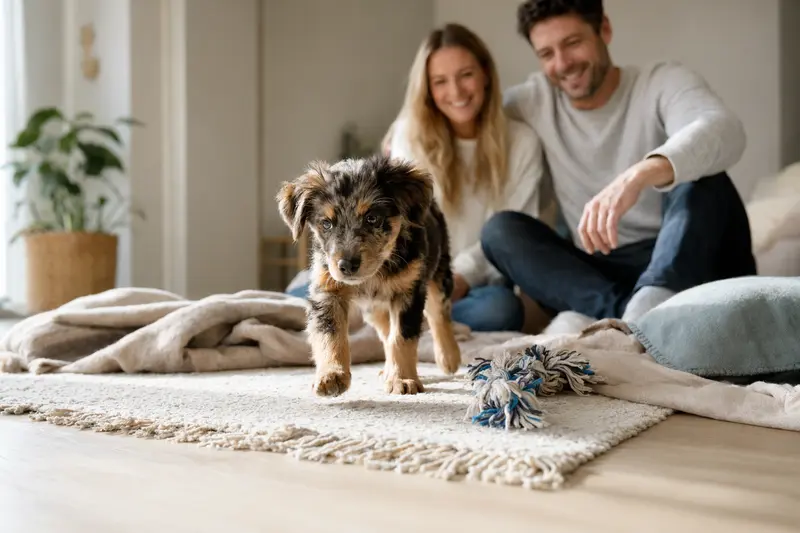 Ein neugieriger Labrador Retriever Welpe erkundet seine helle Wohnung mit Spielzeug und einer weichen Decke.