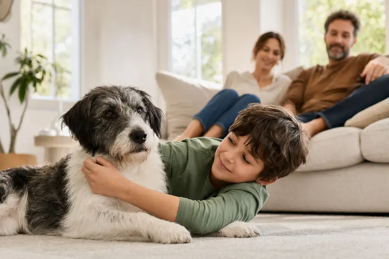 Ein freundlicher Lacy Dog liegt entspannt neben einem Kind im Wohnzimmer, während Eltern im Hintergrund eine sichere Familienatmosphäre vermitteln.