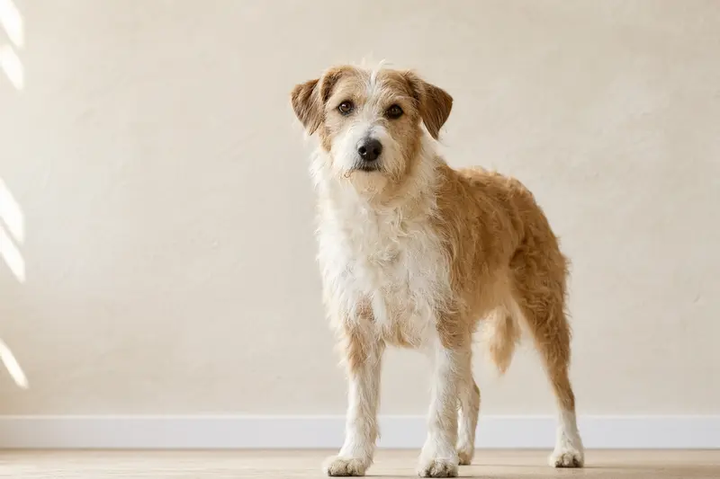 Ein aufmerksamer Lacy Dog steht in natürlicher Haltung vor hellem neutralem Hintergrund und zeigt die typische Körperform und Fellstruktur der Rasse.