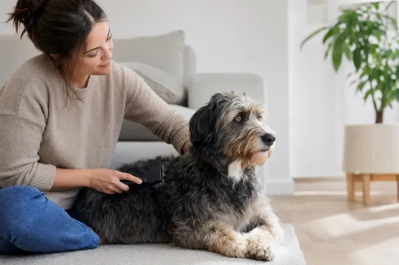 Ein Lacy Dog wird in einer hellen Wohnung von seinem Besitzer sanft gebürstet und gepflegt.