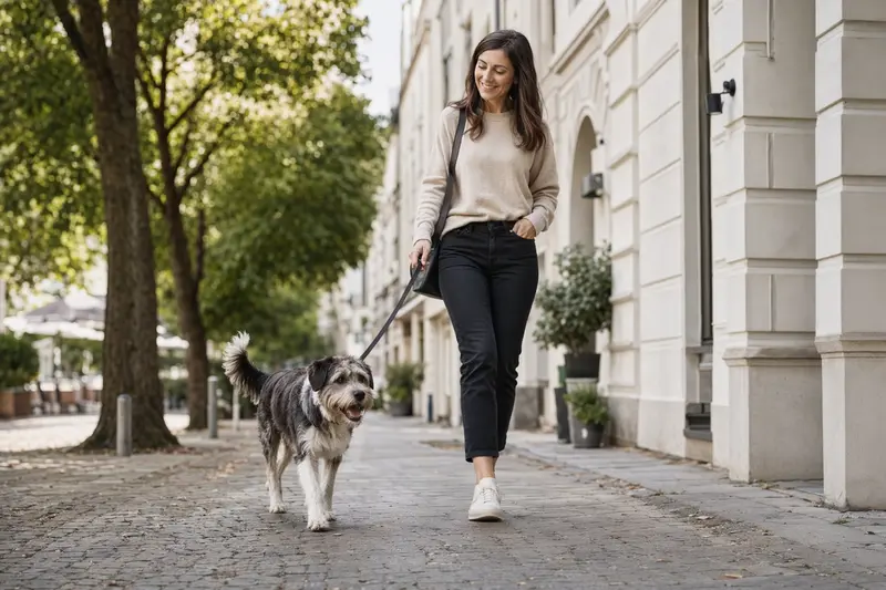 Ein Lacy Dog läuft an der Leine mit seinem Besitzer durch eine freundliche moderne Stadtstraße.