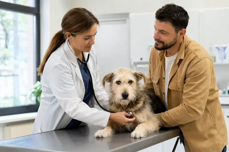 Eine Tierärztin untersucht einen ruhigen Lacy Dog mit dem Stethoskop, während der Besitzer in der modernen Tierarztpraxis beruhigend danebensteht.