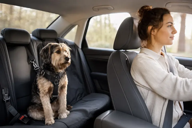 Ein Lacy Dog sitzt sicher angeschnallt auf der Rückbank eines Autos, während der Besitzer ruhig fährt und Sonnenlicht durch das Fenster fällt.
