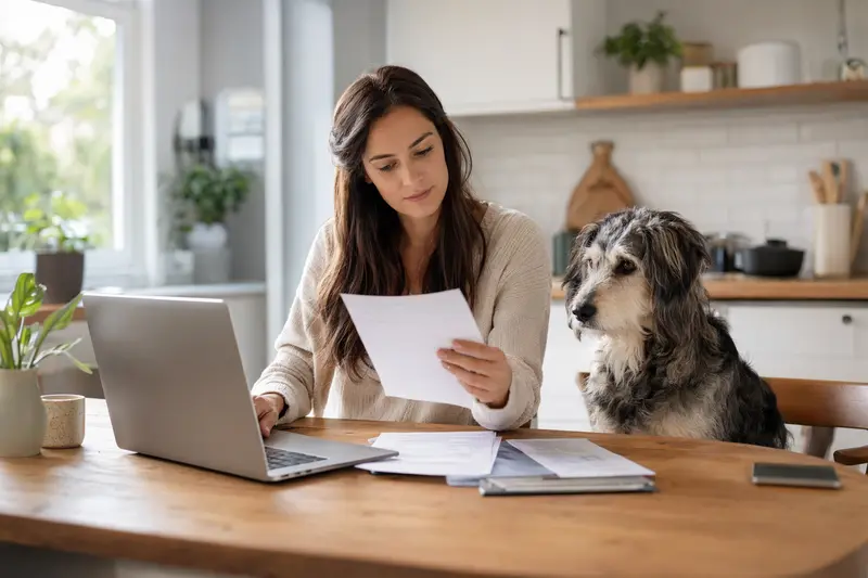 Ein Lacy Dog sitzt ruhig neben seinem Besitzer am Küchentisch, auf dem Versicherungsunterlagen und ein Laptop mit einer neutralen Vergleichsseite liegen.